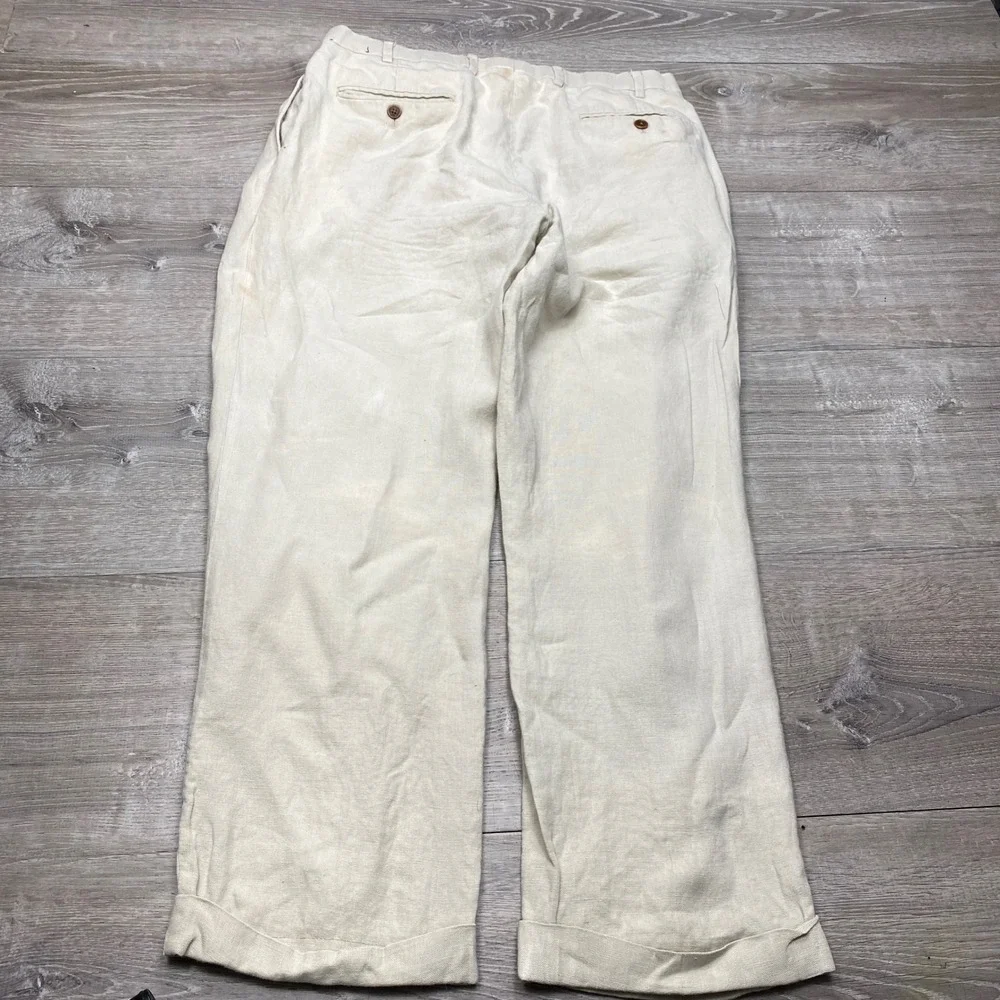 Brooks Brothers Irish Linen Pants Mens 34 Beige Pleated Cuffed Summer Dress